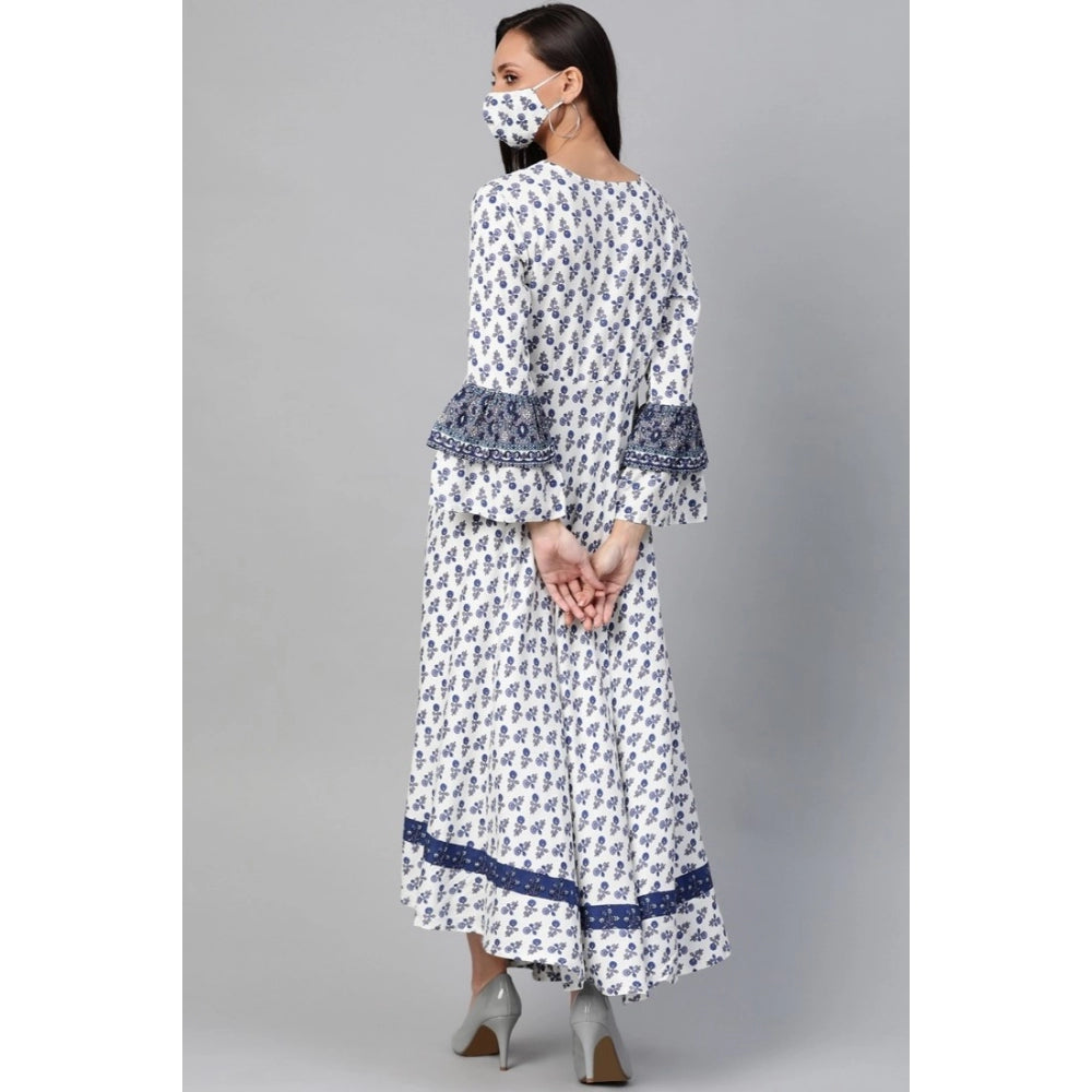 Generic Women's Casual Bell Sleeve Floral Printed Rayon Dress (White & Blue)