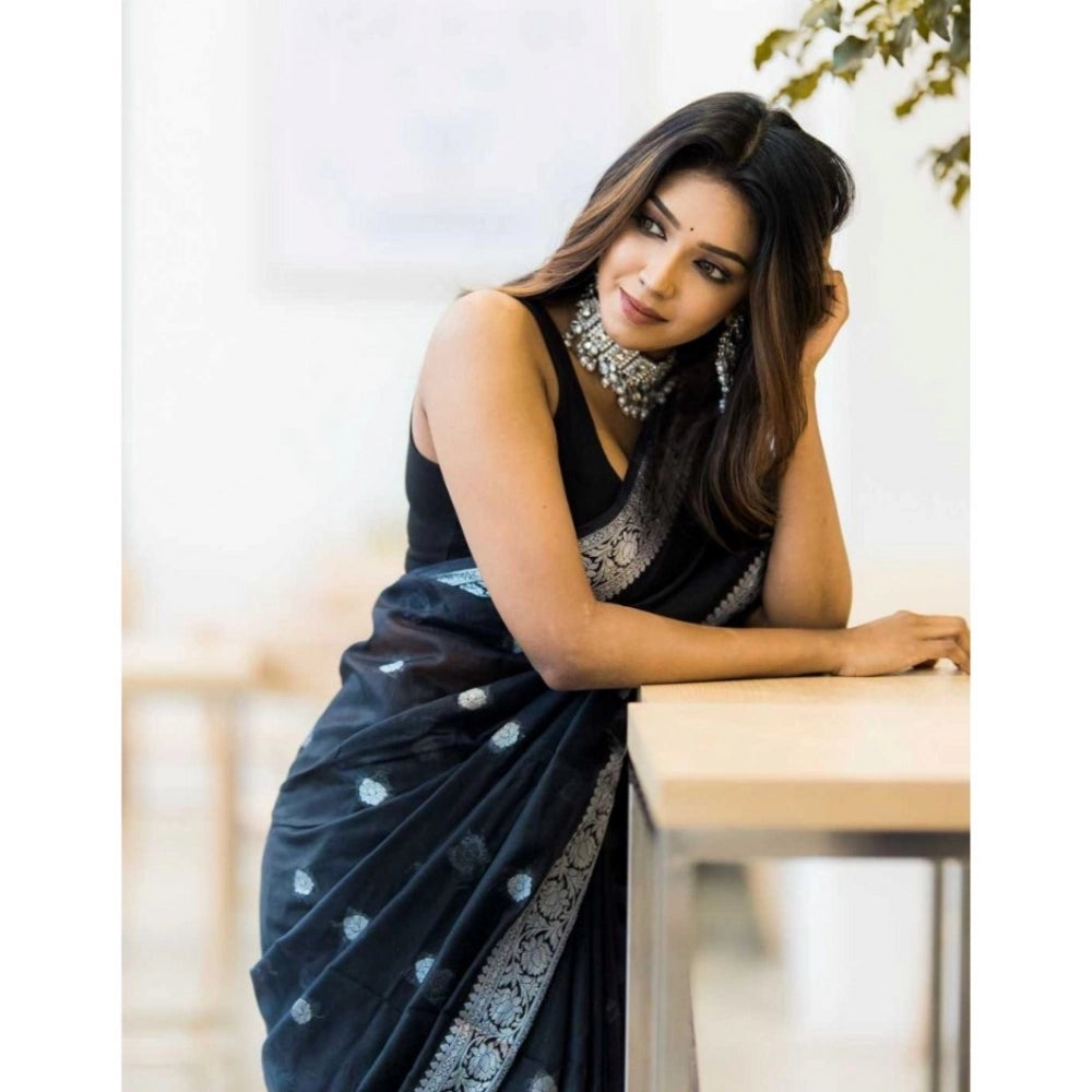 Generic Women's Cotton Printed Saree With Unstitched Blouse 5.5Mtr (Black)