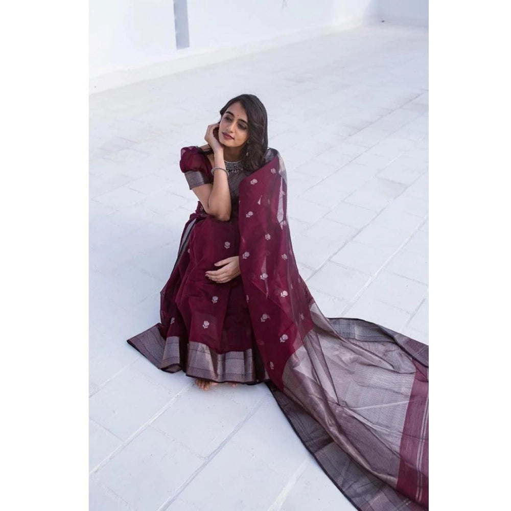 Generic Women's Cotton Printed Saree With Unstitched Blouse 5.5Mtr (Maroon)