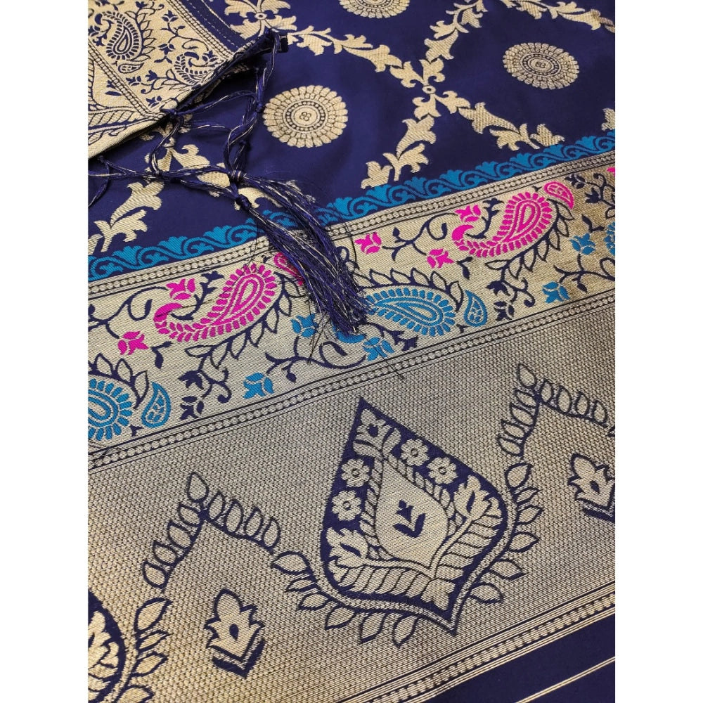 Generic Women's Banarasi Silk Printed Unstitched Salwar Suit Material With Dupatta (Navy Blue, 3Mtrs)