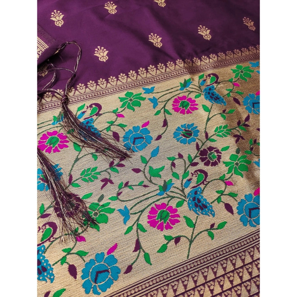Generic Women's Banarasi Silk Printed Unstitched Salwar Suit Material With Dupatta (Wine, 3Mtrs)