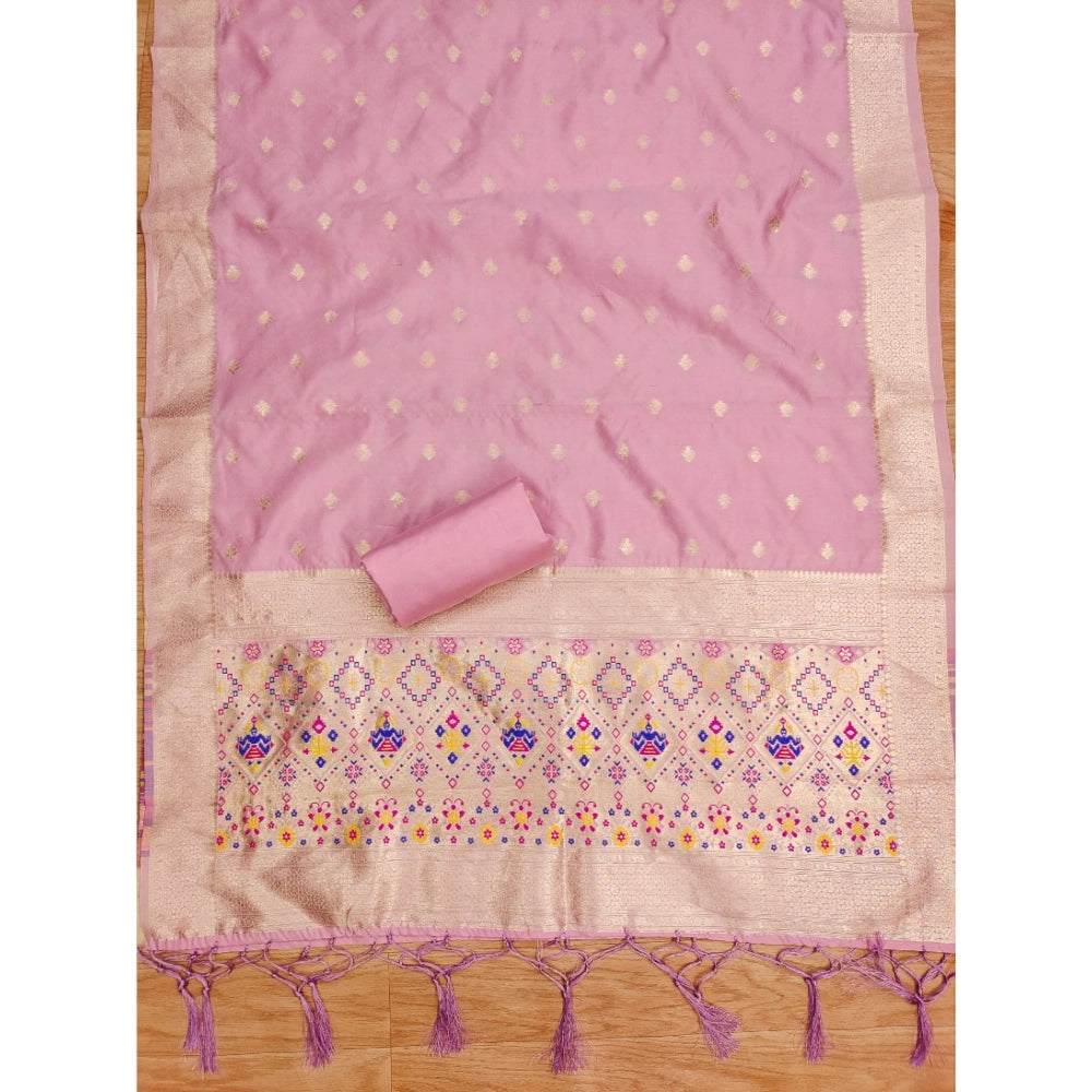 Generic Women's Banarasi Silk Printed Unstitched Salwar Suit Material With Dupatta (Light Pink, 3Mtrs)