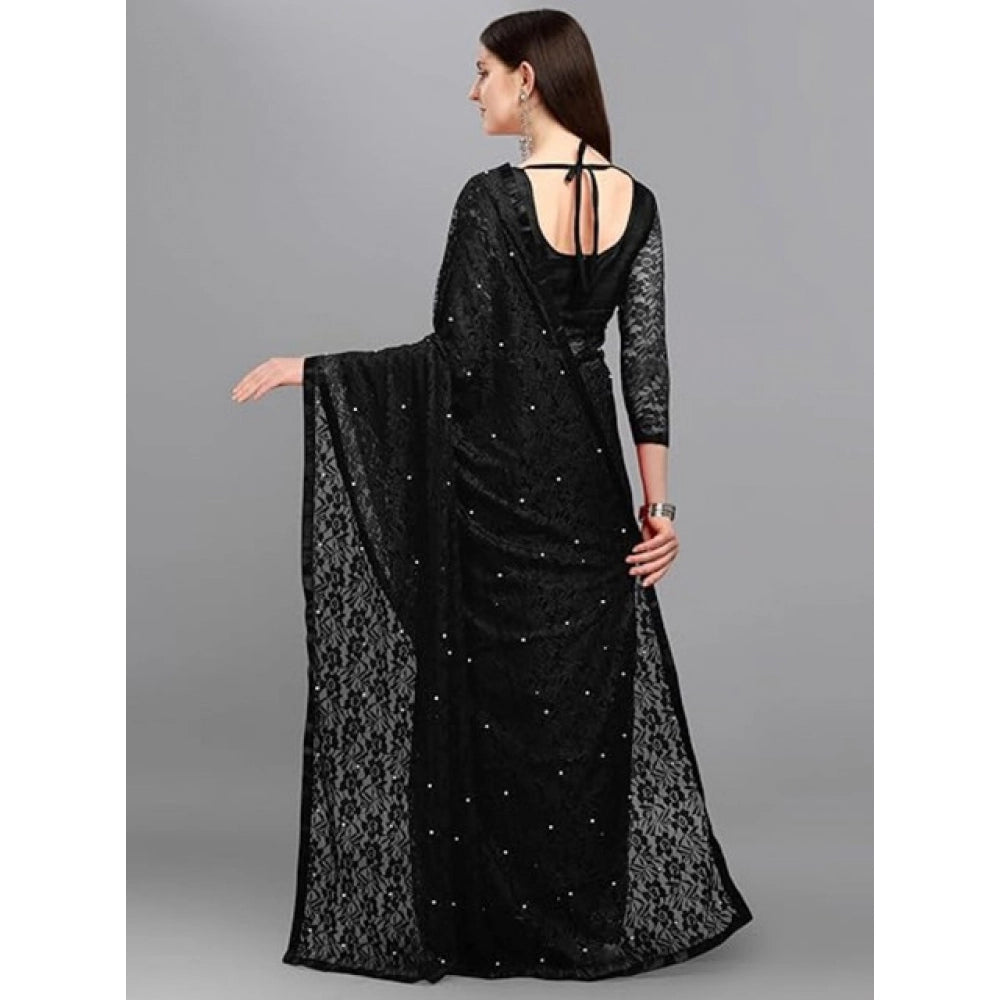 Generic Women's Net Self Design Saree With Unstitched Blouse 5.5Mtr (Black)