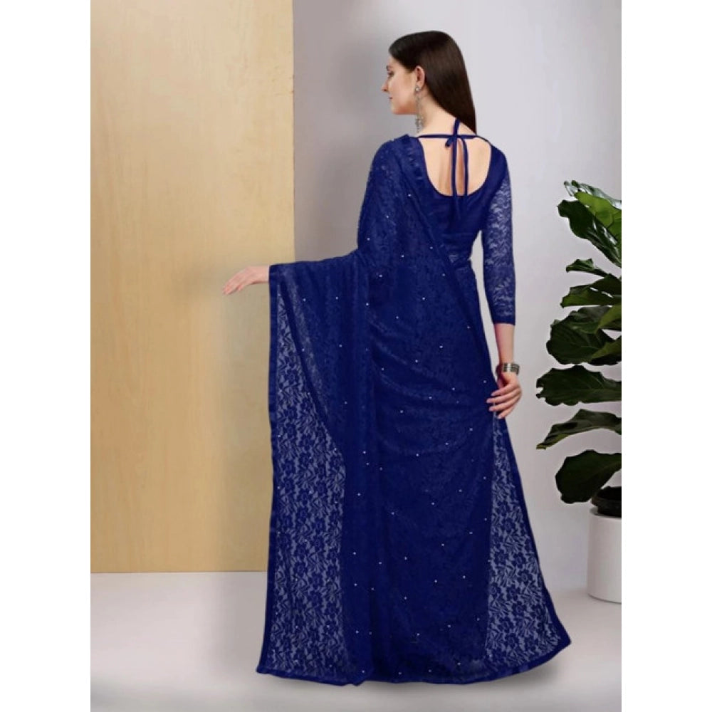 Generic Women's Net Self Design Saree With Unstitched Blouse 5.5Mtr (Navy Blue)