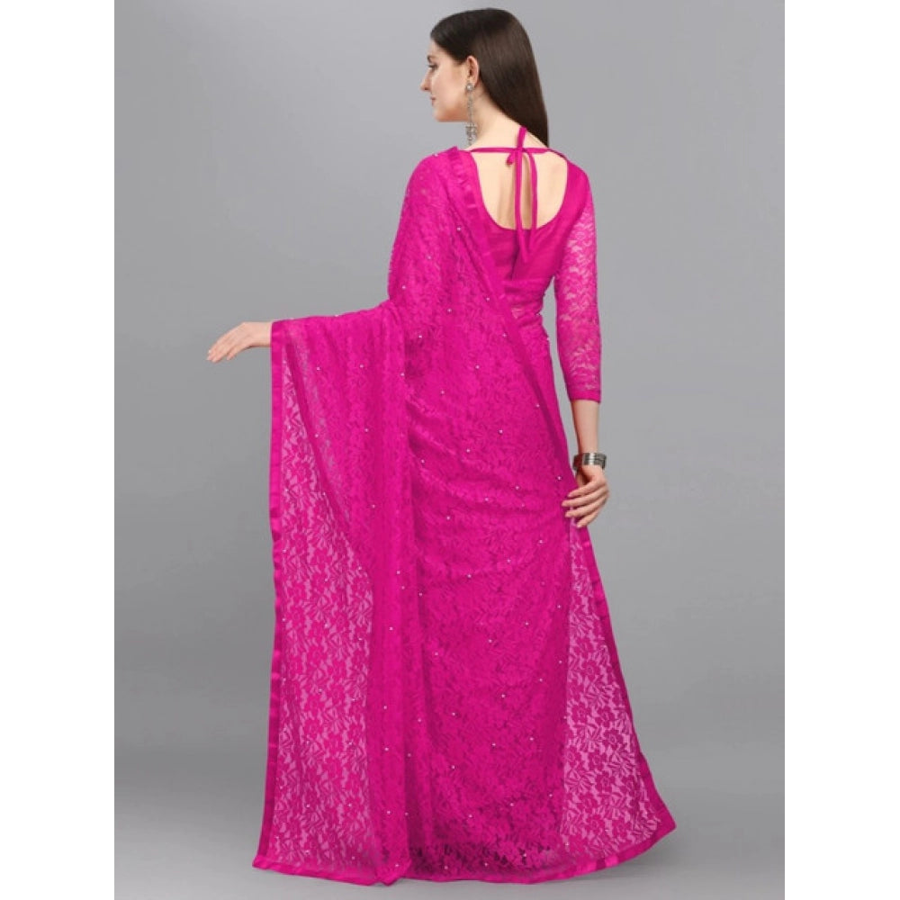 Generic Women's Net Self Design Saree With Unstitched Blouse 5.5Mtr (Rani)