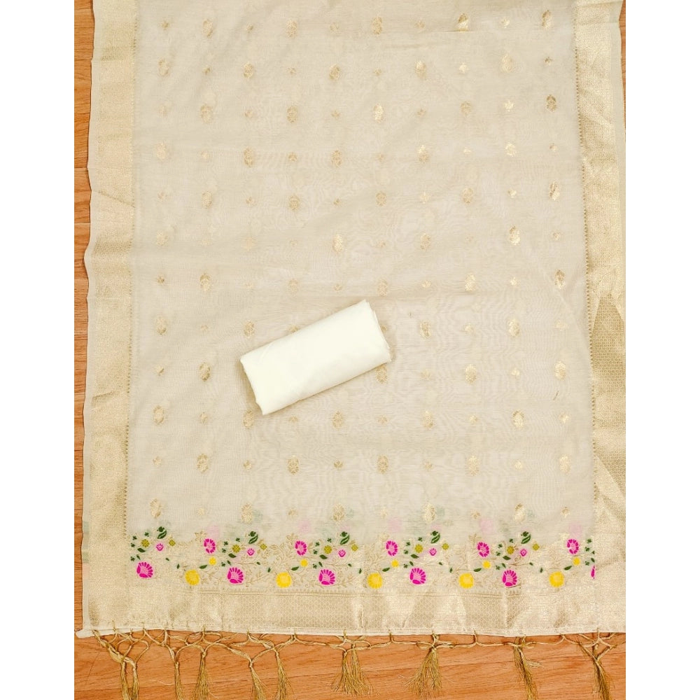 Generic Women's Banarasi Silk Printed Unstitched Salwar Suit Material With Dupatta (White, 3Mtrs)