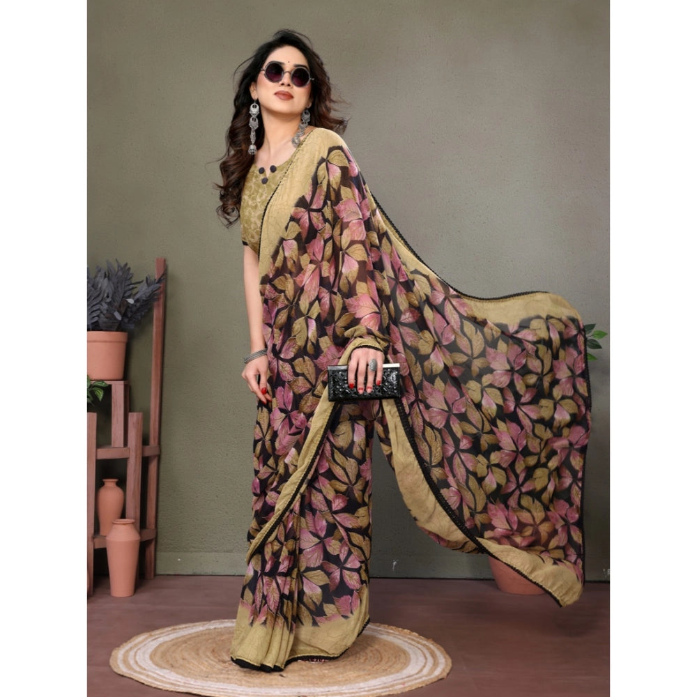 Generic Women's Chiffon Printed Saree With Unstitched Blouse 5.5Mtr (Beige)