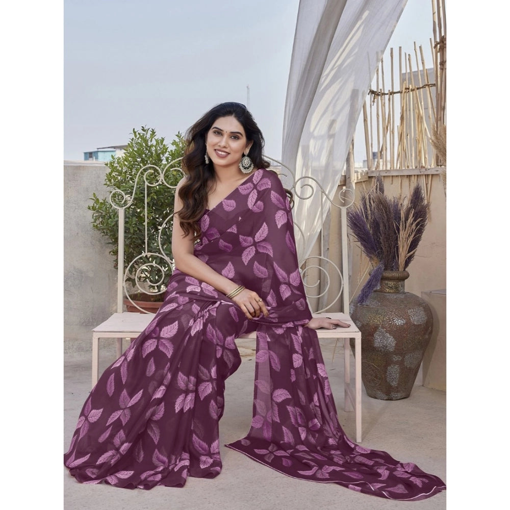 Generic Women's Chiffon Printed Saree With Unstitched Blouse 5.5Mtr (Purple)