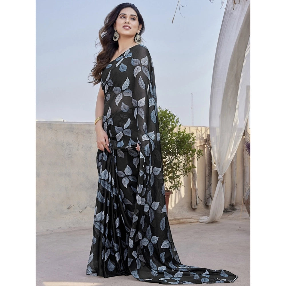 Generic Women's Chiffon Printed Saree With Unstitched Blouse 5.5Mtr (Black)
