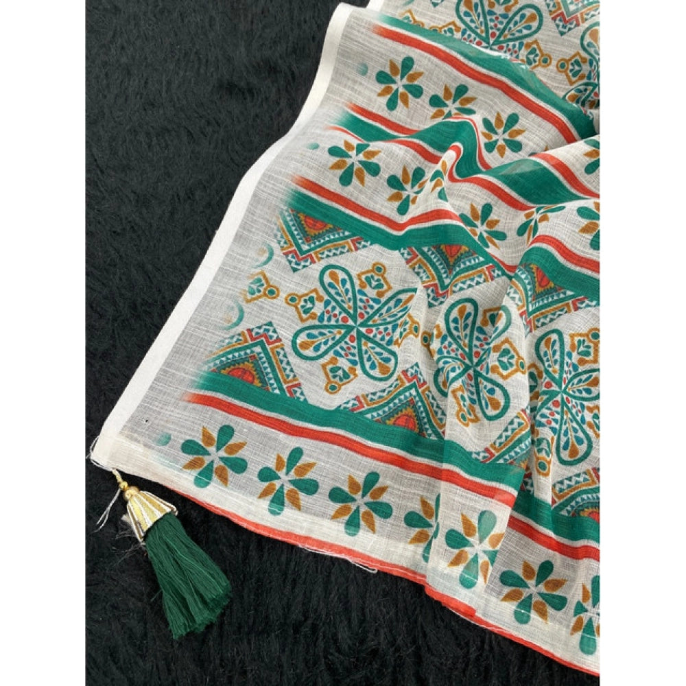 Generic Women's Linen Cotton Printed Saree With Unstitched Blouse 5.5Mtr (Green)
