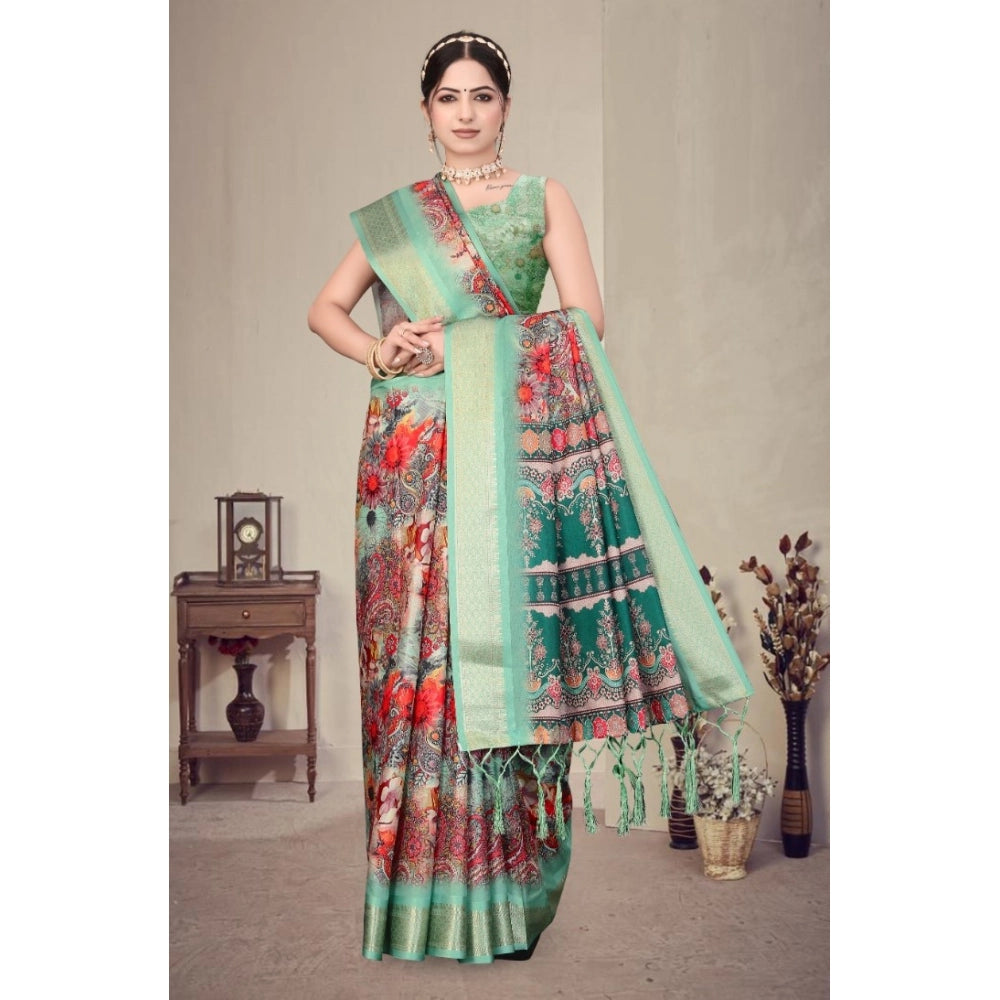Generic Women's Cotton Silk Printed Saree With Unstitched Blouse 5.5Mtr (Light Green)