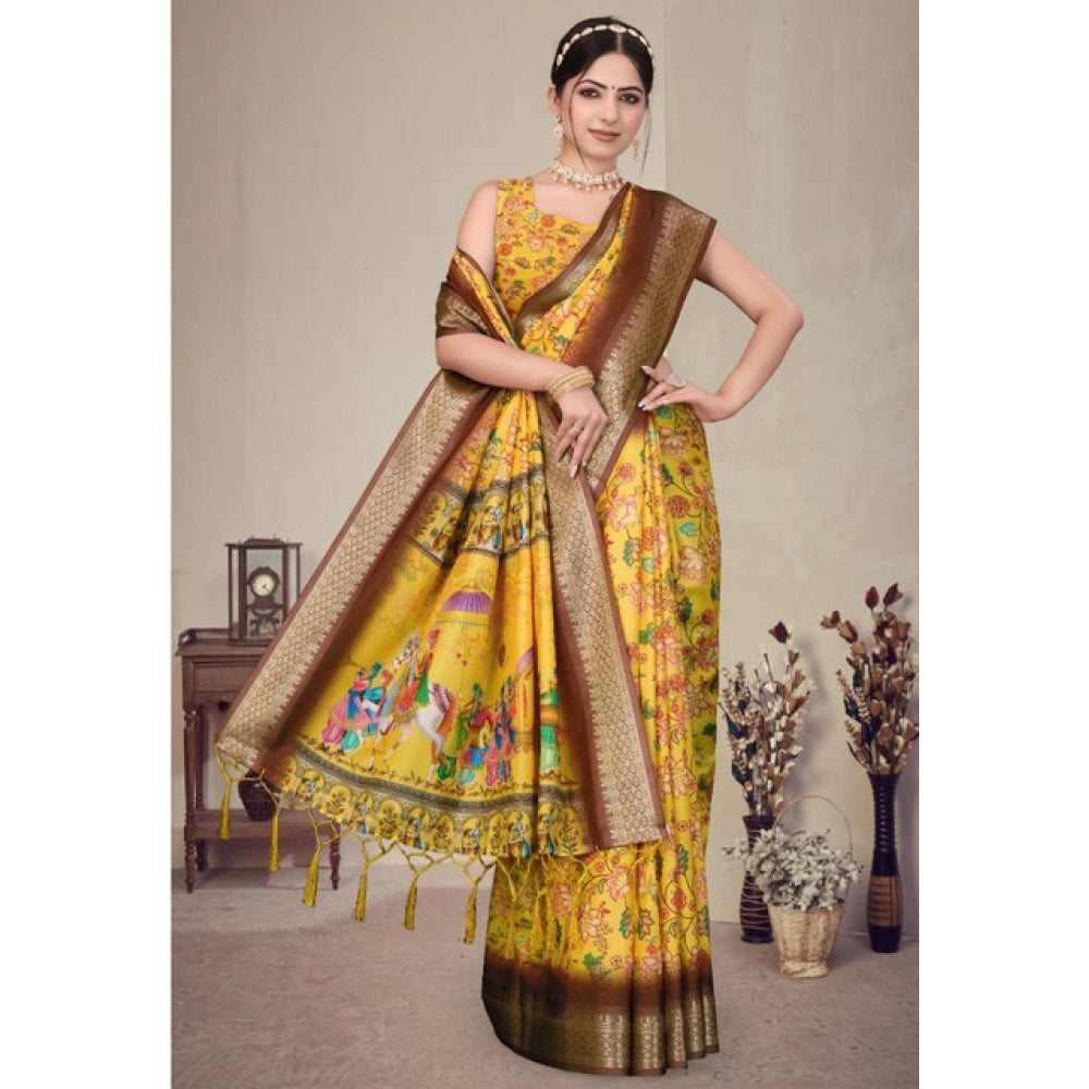 Generic Women's Cotton Silk Printed Saree With Unstitched Blouse 5.5Mtr (Yellow)