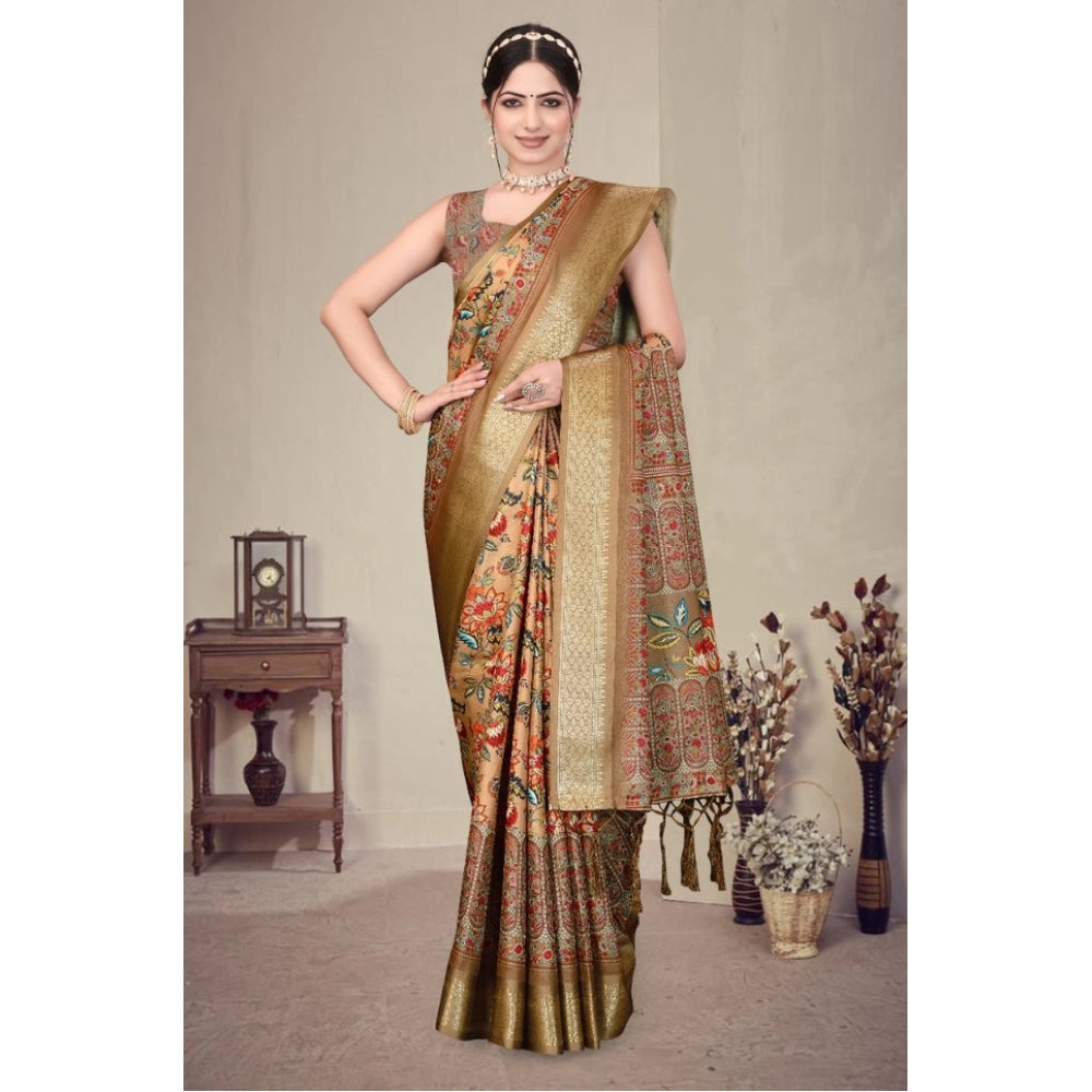 Generic Women's Cotton Silk Printed Saree With Unstitched Blouse 5.5Mtr (Peach)