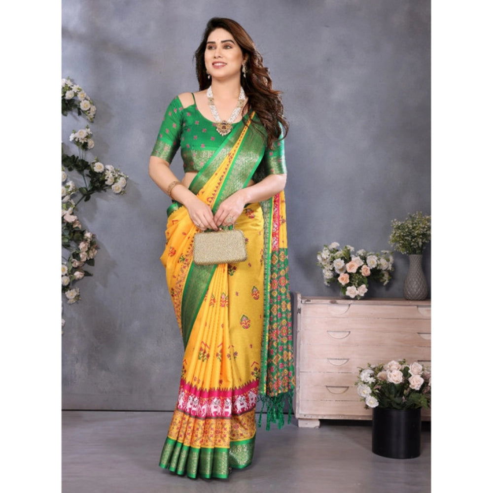 Generic Women's Cotton Silk Printed Saree With Unstitched Blouse 5.5Mtr (Yellow)