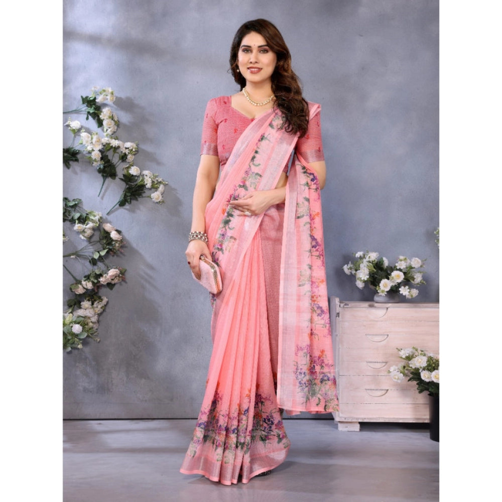 Generic Women's Linen Cotton Printed Saree With Unstitched Blouse 5.5Mtr (Peach)