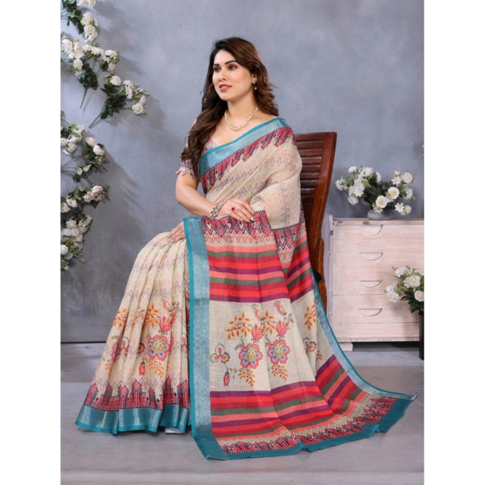Generic Women's Linen Cotton Printed Saree With Unstitched Blouse 5.5Mtr (Cream)
