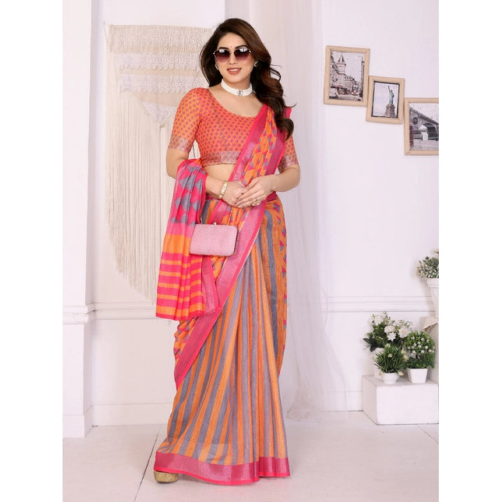 Generic Women's Linen Cotton Printed Saree With Unstitched Blouse 5.5Mtr (Orange )