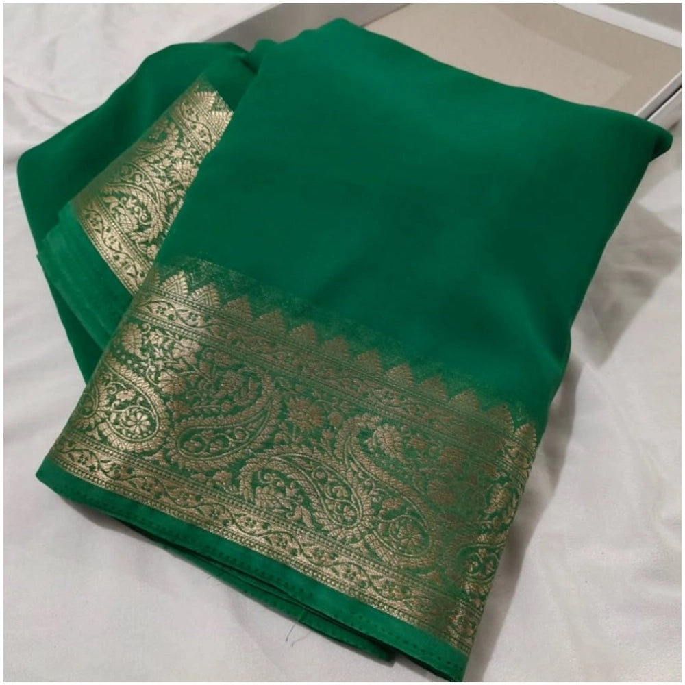 Generic Women's Crepe Chit Pallu Solid Saree With Unstitched Blouse 5.5Mtr (Green)