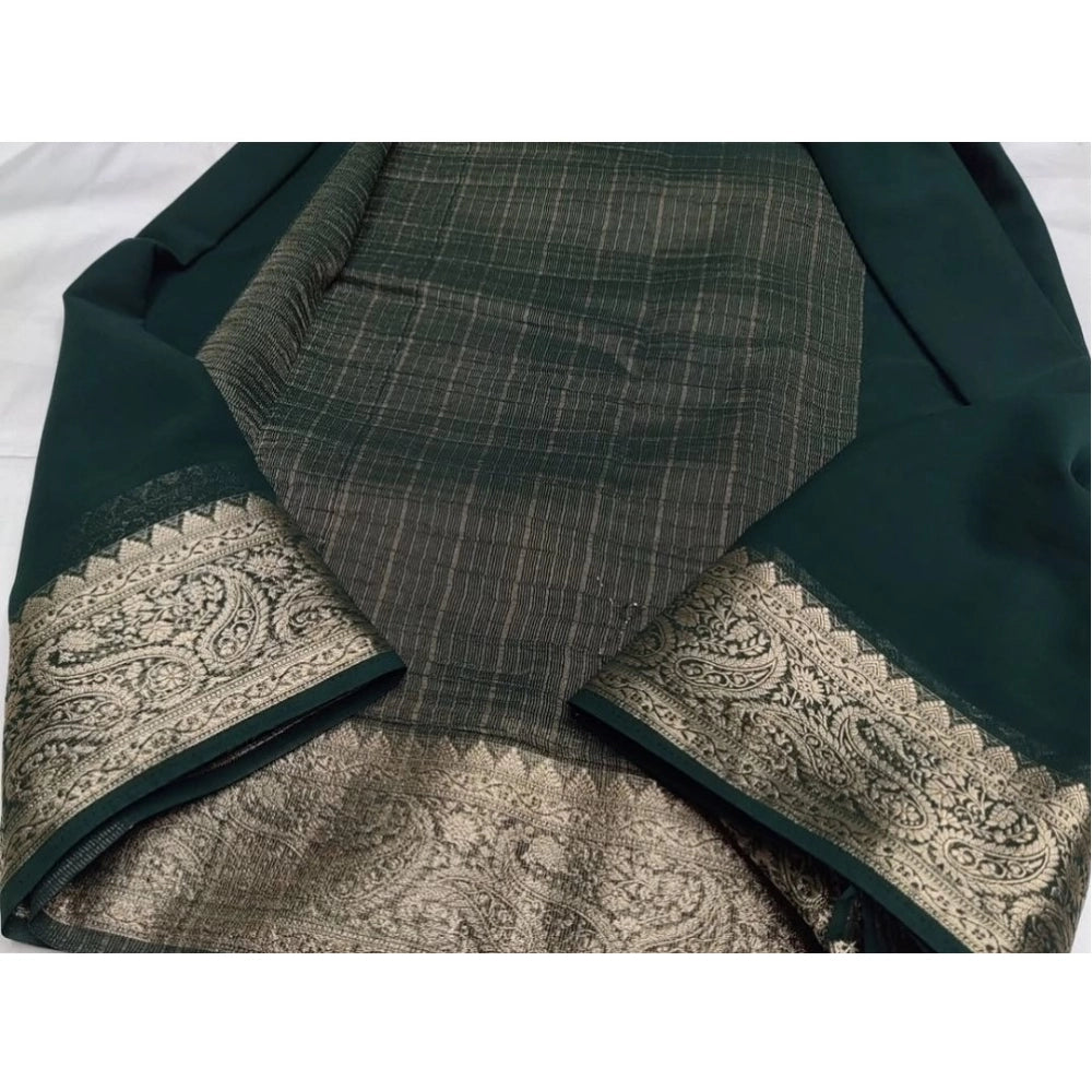 Generic Women's Crepe Chit Pallu Solid Saree With Unstitched Blouse 5.5Mtr (Bottle Green)