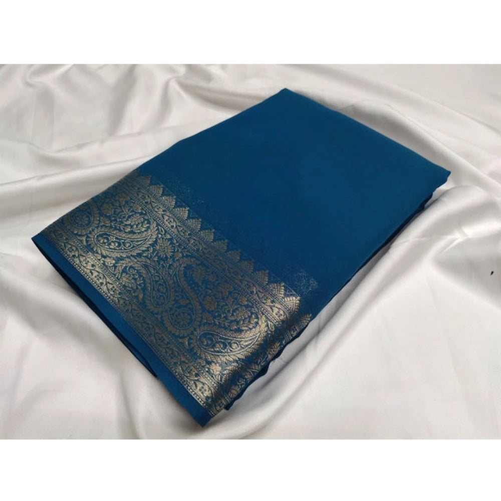 Generic Women's Crepe Chit Pallu Solid Saree With Unstitched Blouse 5.5Mtr (Sea-Green)
