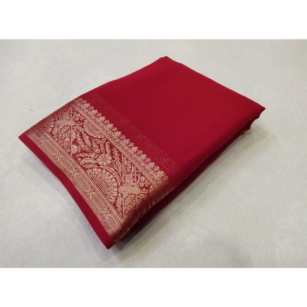 Generic Women's Crepe Chit Pallu Solid Saree With Unstitched Blouse 5.5Mtr (Red)