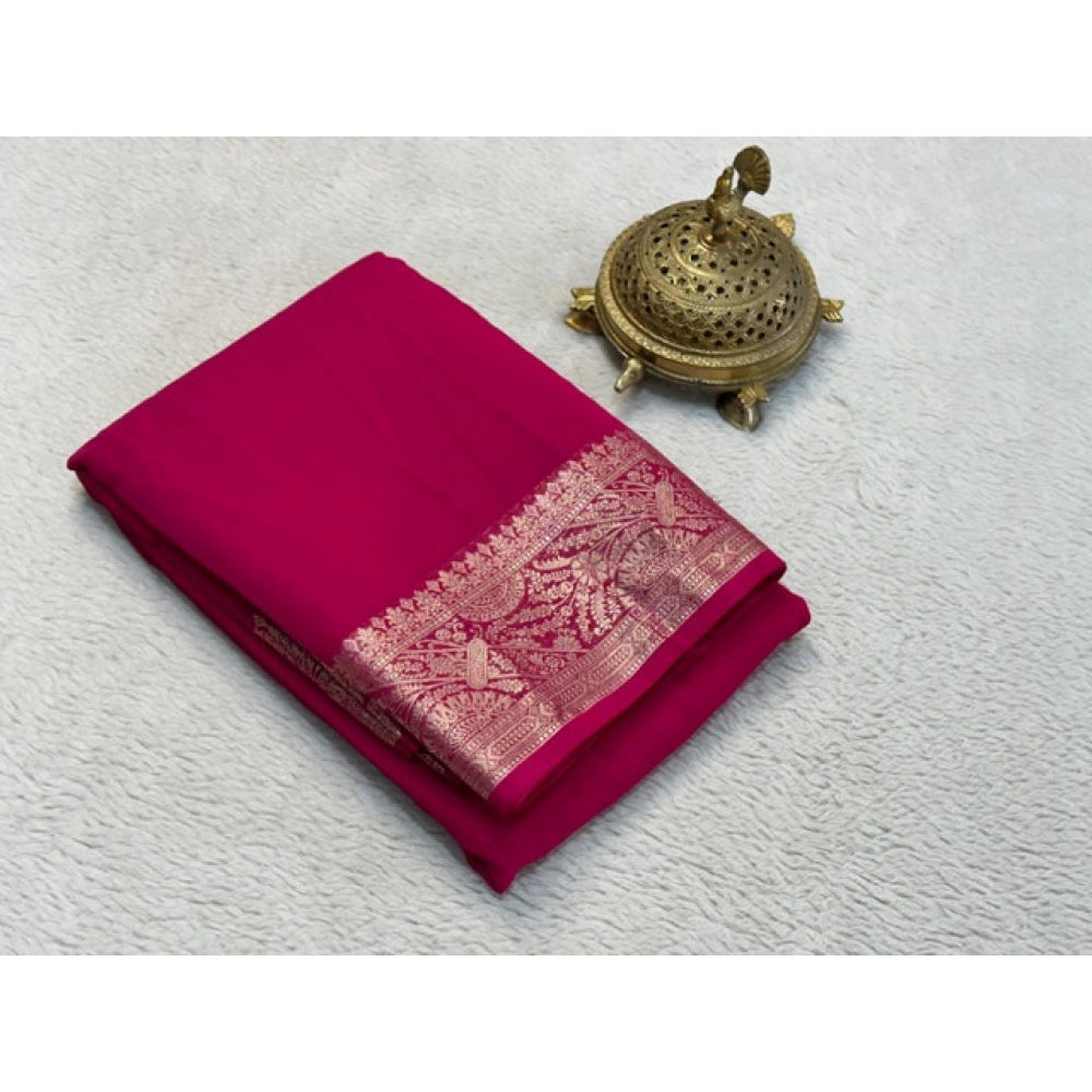 Generic Women's Crepe Chit Pallu Solid Saree With Unstitched Blouse 5.5Mtr (Pink)