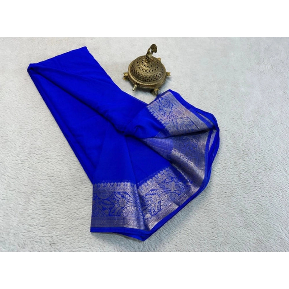 Generic Women's Crepe Chit Pallu Solid Saree With Unstitched Blouse 5.5Mtr (Navy Blue)