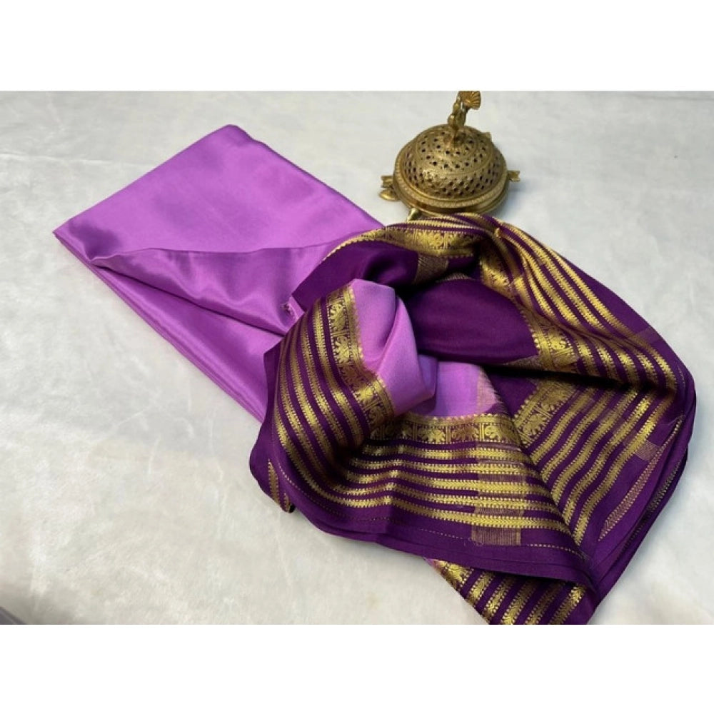 Generic Women's Crepe Chit Pallu Solid Saree With Unstitched Blouse 5.5Mtr (Dark Purple)