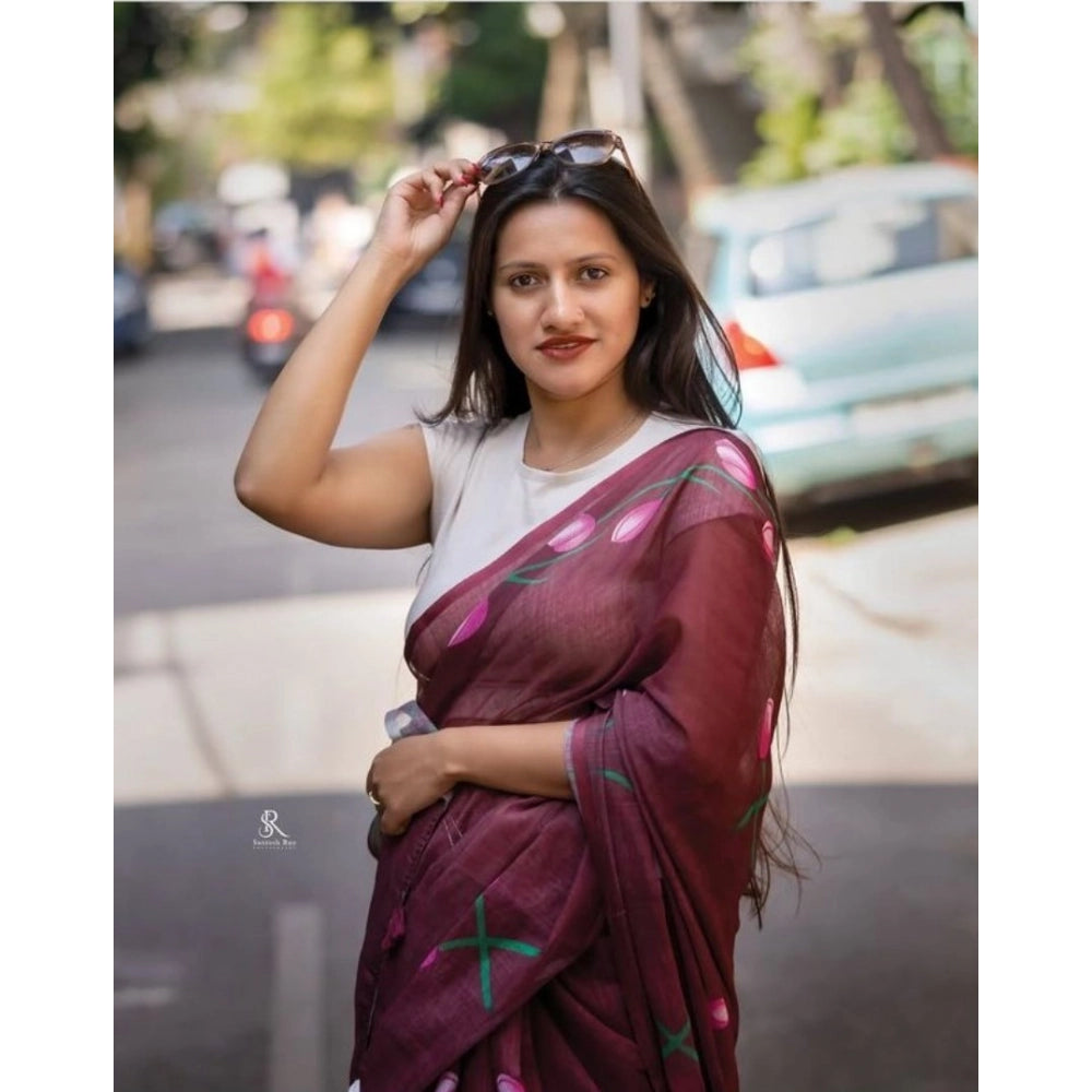 Generic Women's Linen Printed Saree With Unstitched Blouse 5.5Mtr (Brown)