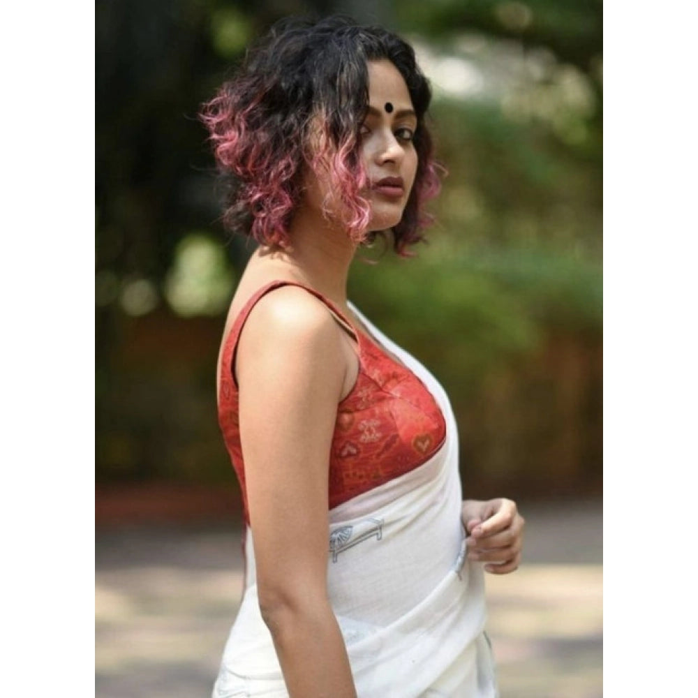 Generic Women's Linen Printed Saree With Unstitched Blouse 5.5Mtr (White)