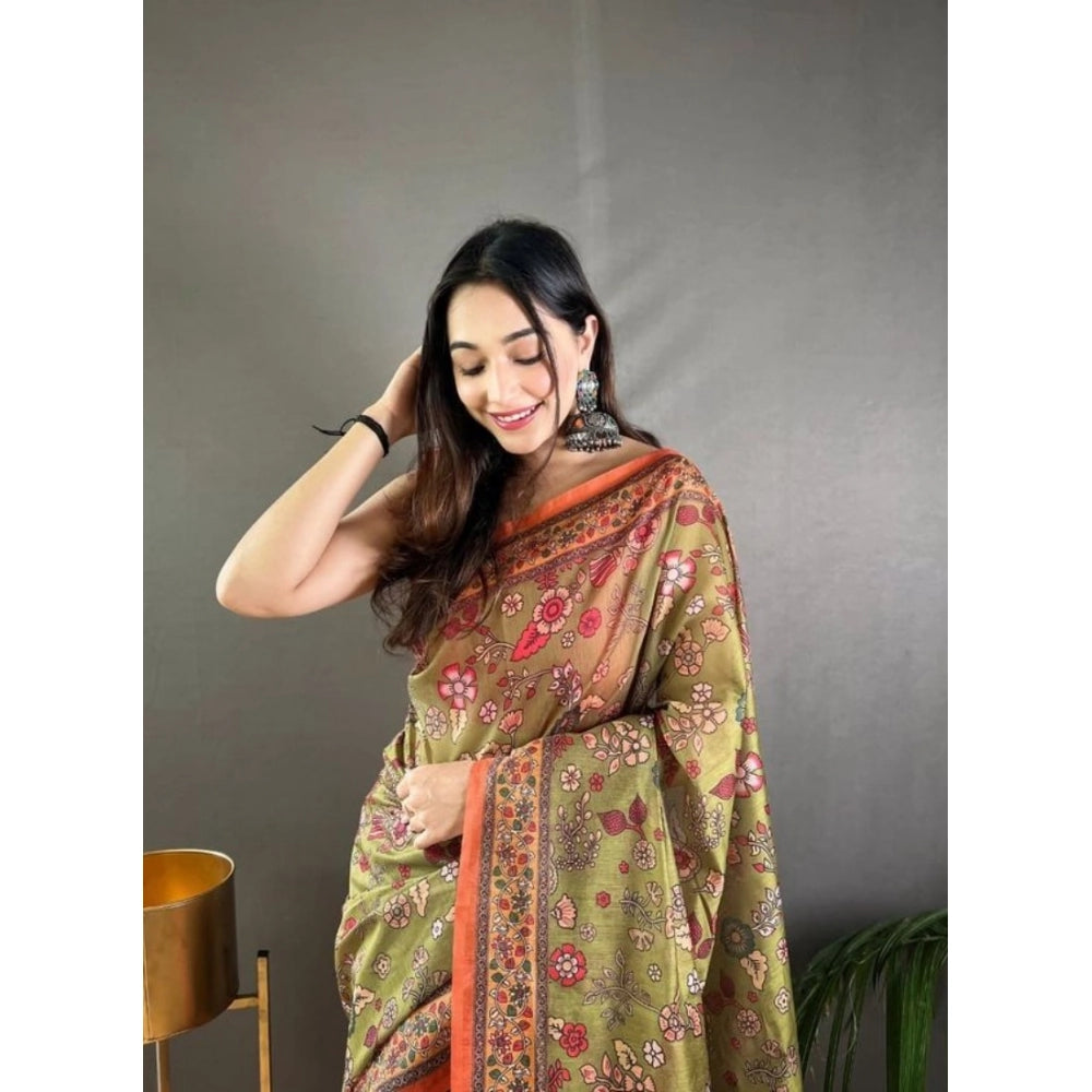 Generic Women's Linen Printed Saree With Unstitched Blouse 5.5Mtr (Sea Green)