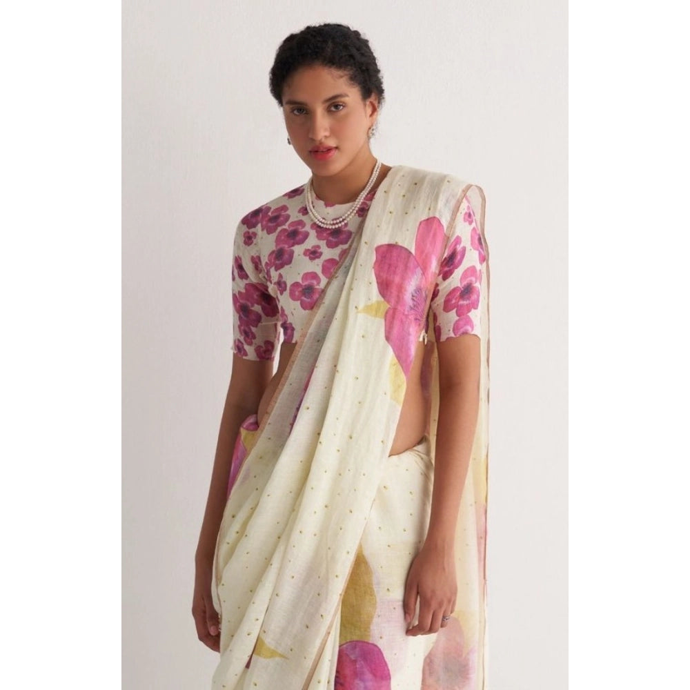 Generic Women's Linen Printed Saree With Unstitched Blouse 5.5Mtr (White)
