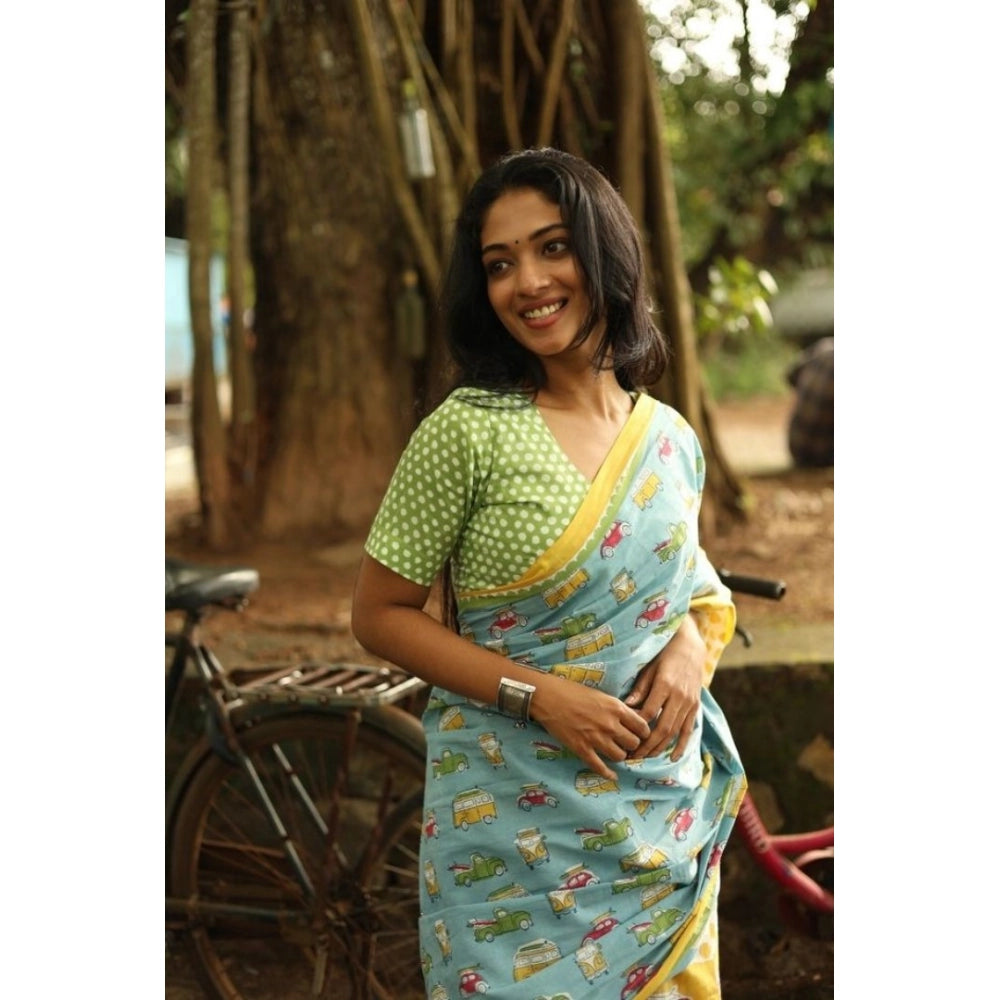 Generic Women's Linen Printed Saree With Unstitched Blouse 5.5Mtr (Blue)