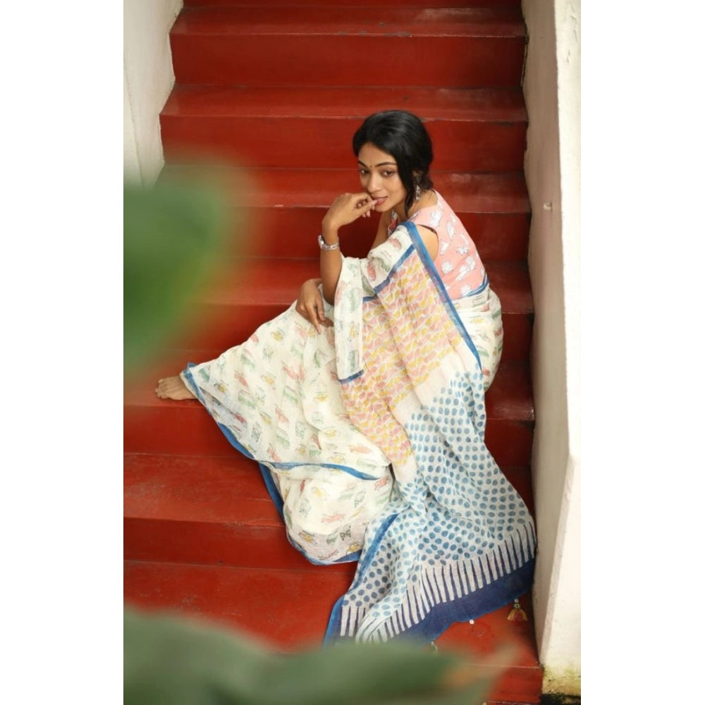 Generic Women's Linen Printed Saree With Unstitched Blouse 5.5Mtr (White)
