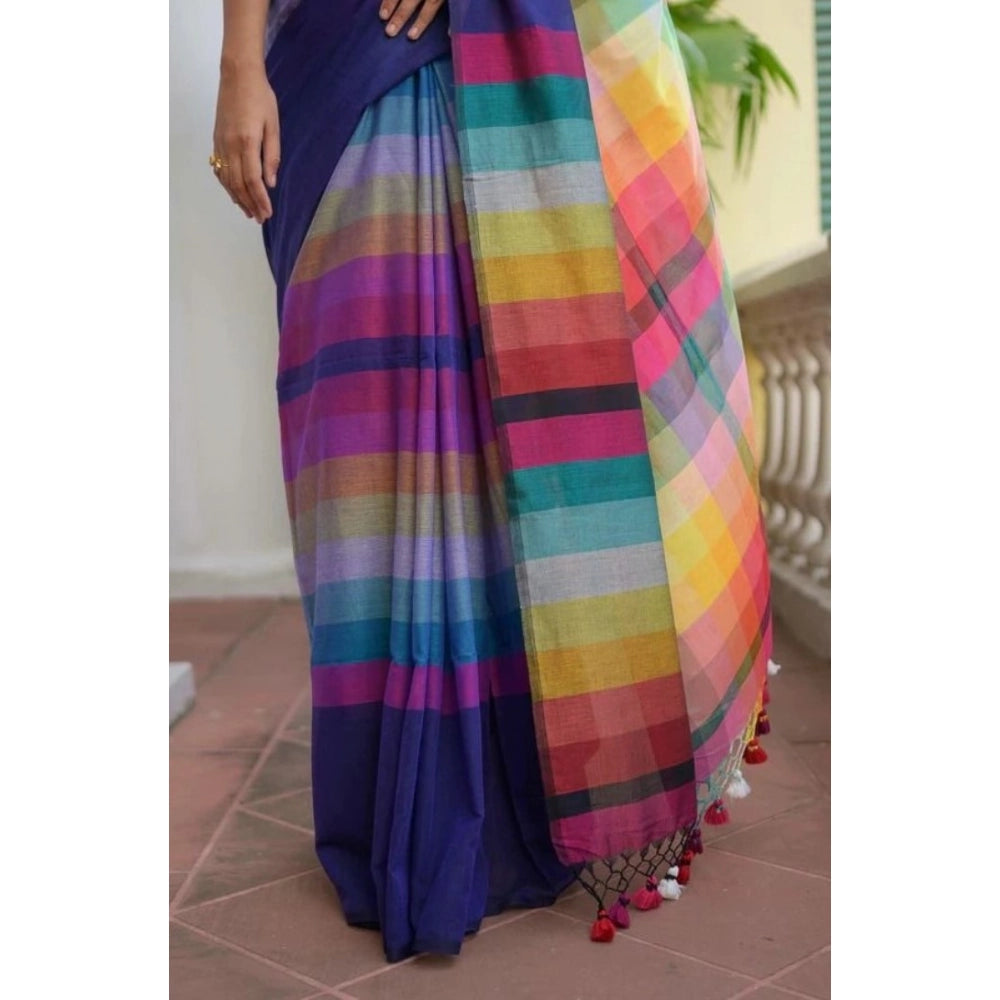 Generic Women's Linen Printed Saree With Unstitched Blouse 5.5Mtr (Navy)