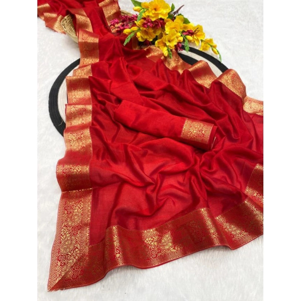 Generic Women's Vichitra Silk Printed Saree With Unstitched Blouse 5.5Mtr (Red)