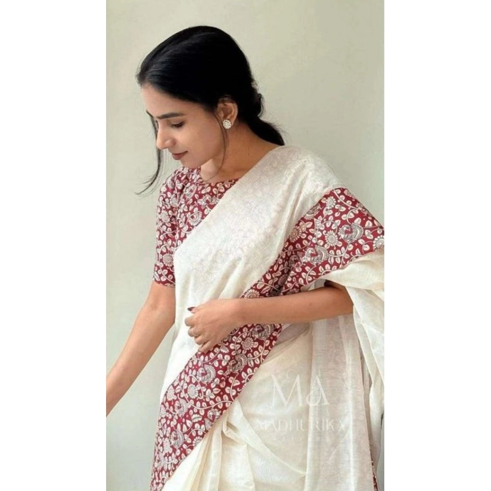 Generic Women's Linen Printed Saree With Unstitched Blouse 5.5Mtr (White)