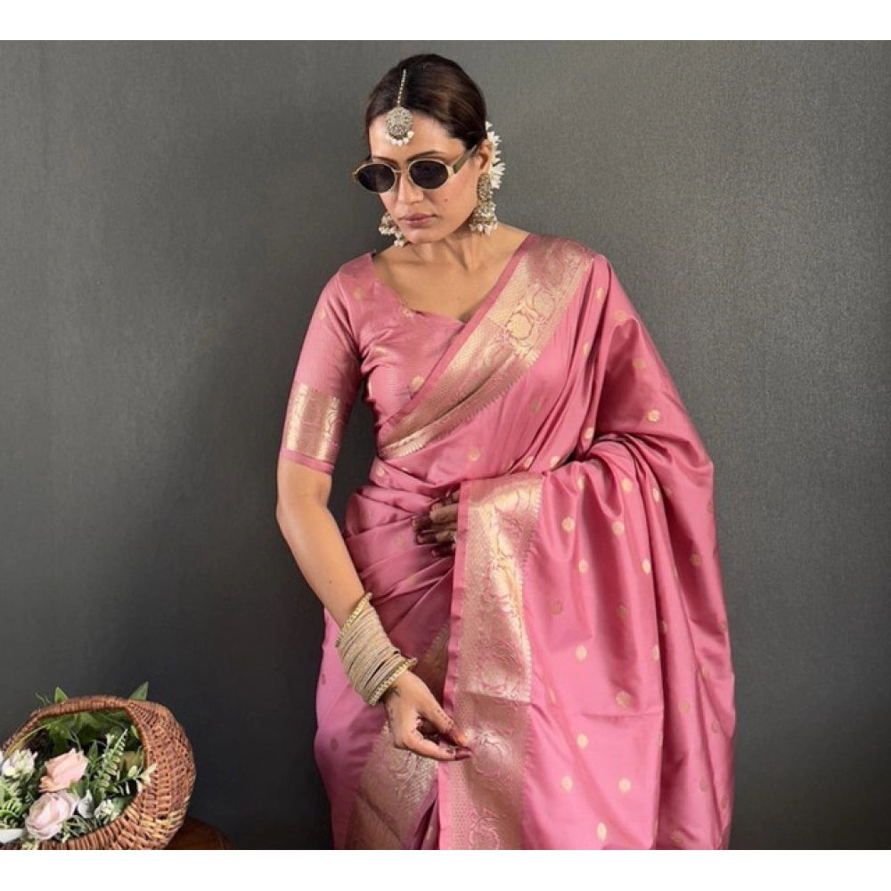 Generic Women's Satin Printed Saree With Unstitched Blouse 5.5Mtr (Pink)