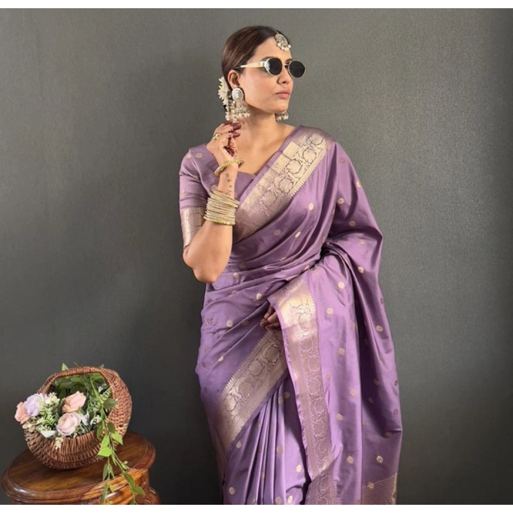Generic Women's Satin Printed Saree With Unstitched Blouse 5.5Mtr (Purple)