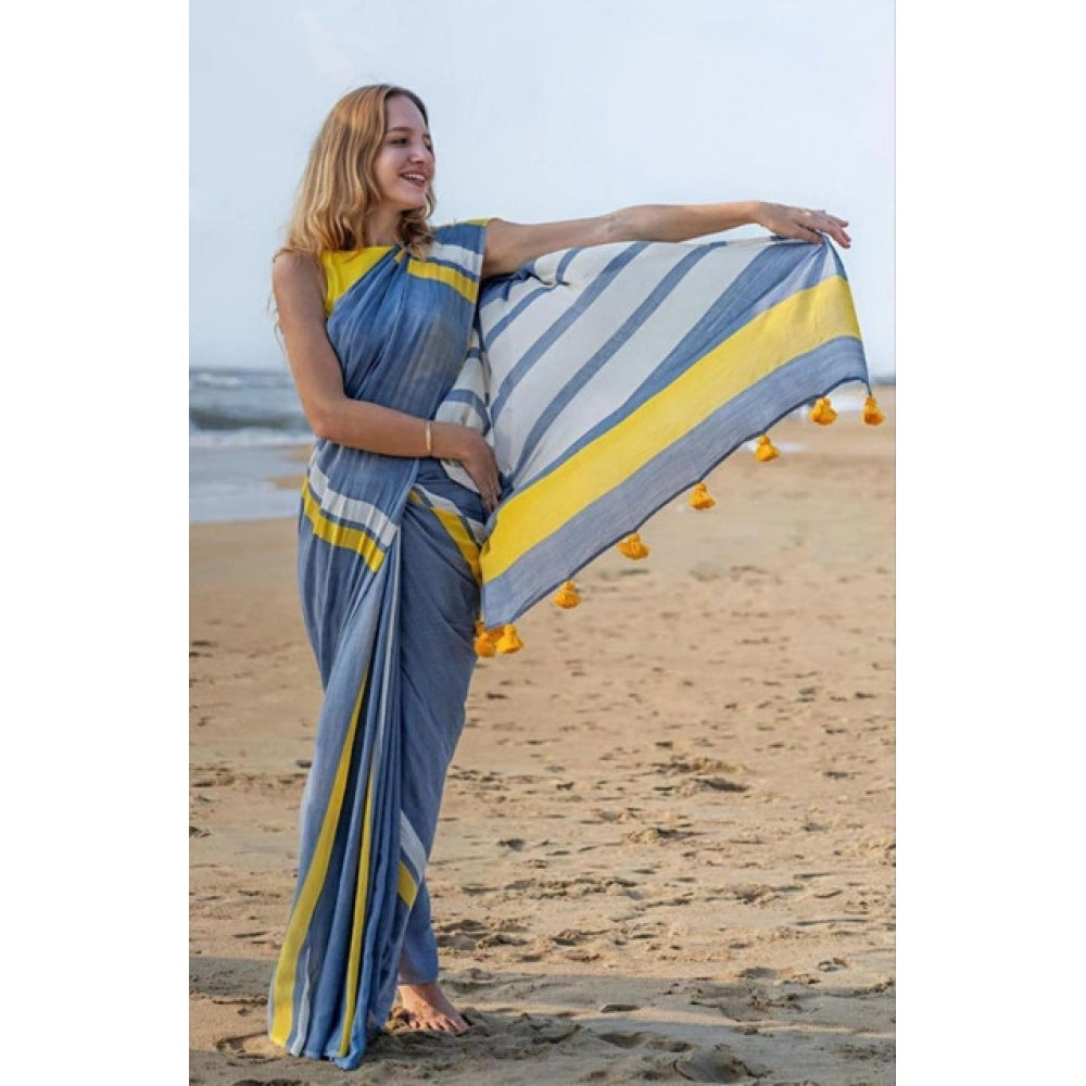 Generic Women's Linen Printed Saree With Unstitched Blouse 5.5Mtr (Blue)