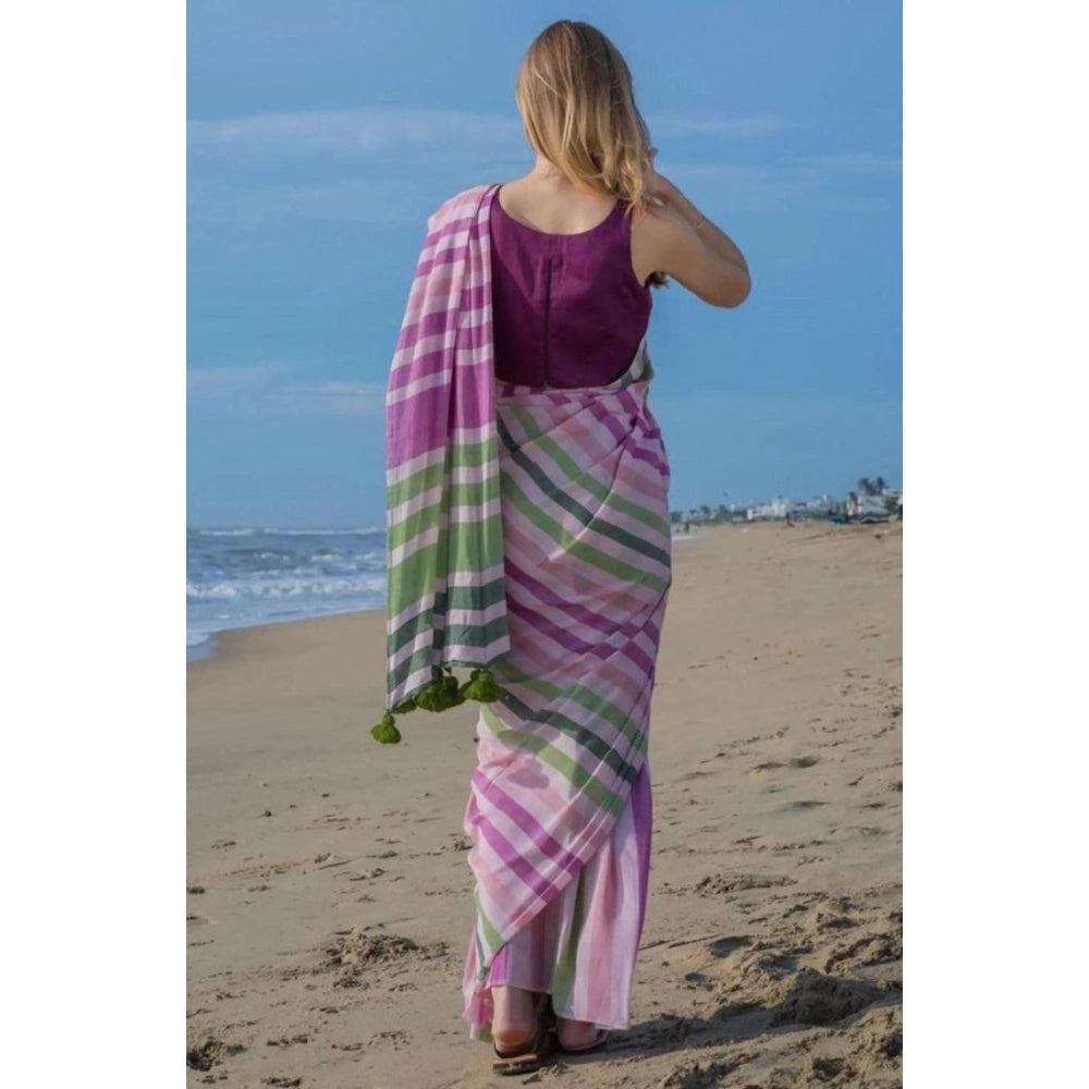 Generic Women's Linen Printed Saree With Unstitched Blouse 5.5Mtr (Pink)