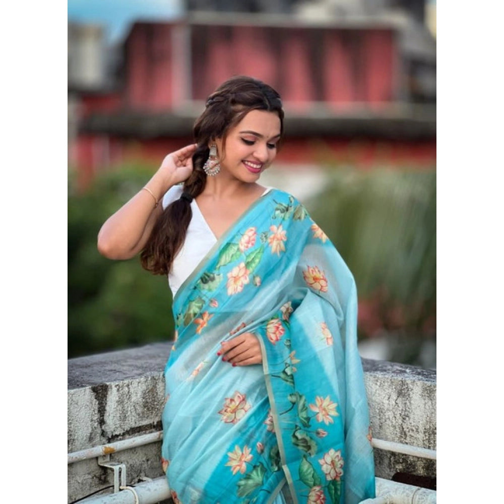 Generic Women's Linen Printed Saree With Unstitched Blouse 5.5Mtr (Aqua)