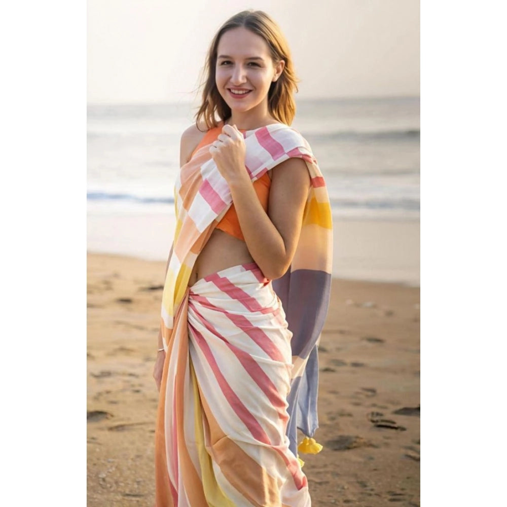 Generic Women's Linen Printed Saree With Unstitched Blouse 5.5Mtr (Yellow)