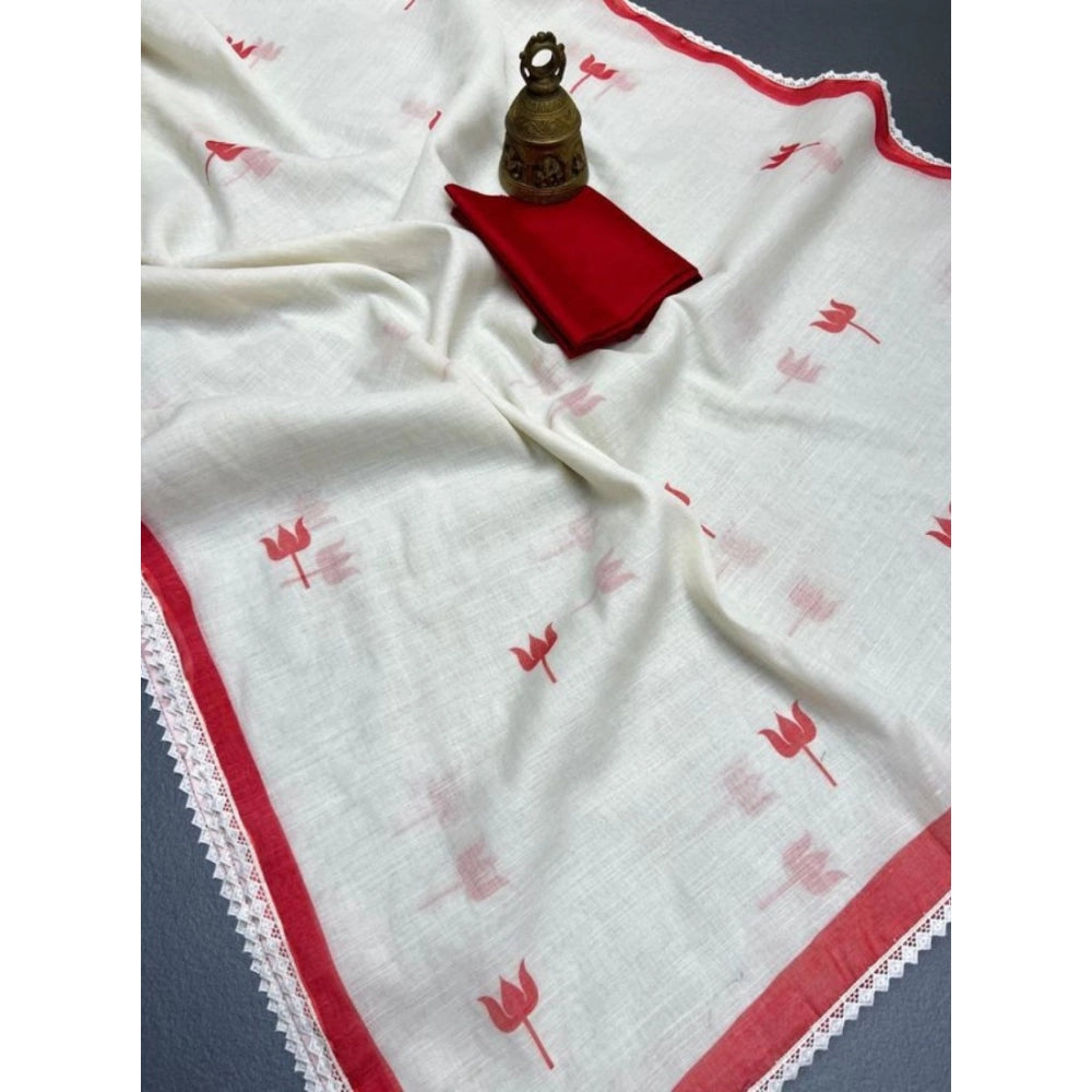 Generic Women's Linen Printed Saree With Unstitched Blouse 5.5Mtr (White)