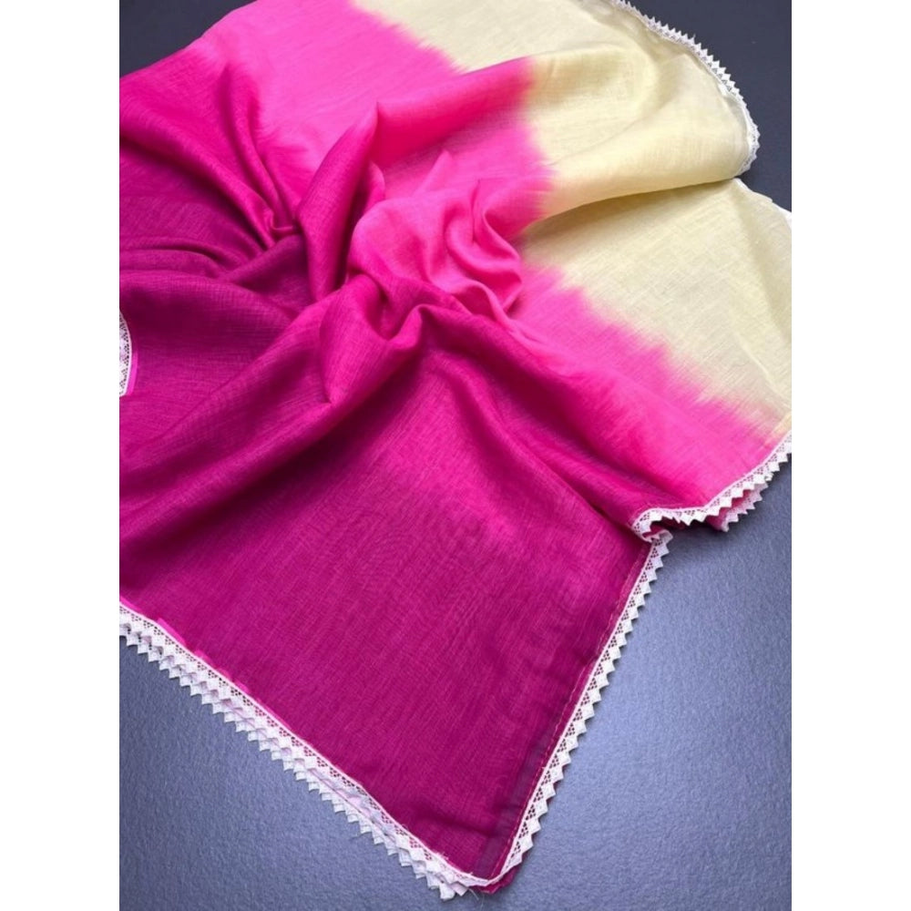 Generic Women's Linen Printed Saree With Unstitched Blouse 5.5Mtr (Pink)