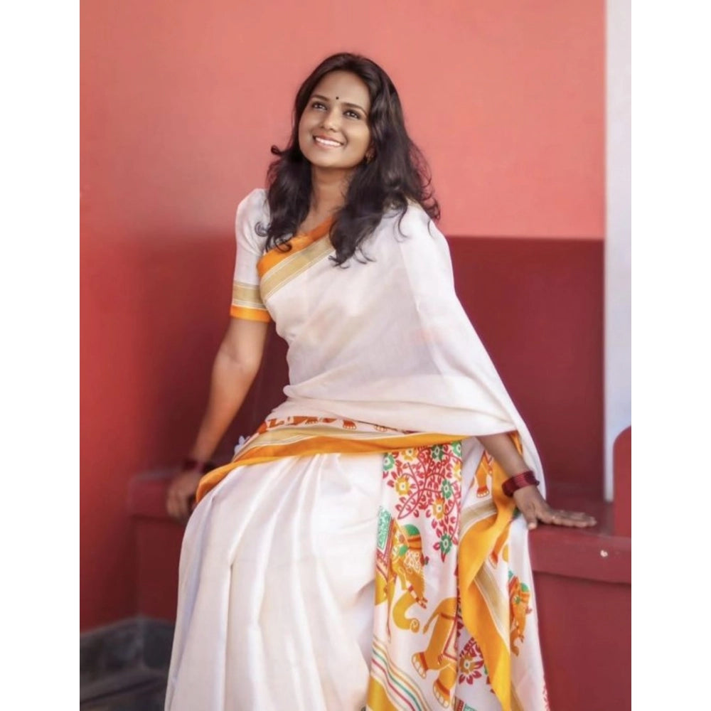 Generic Women's Linen Printed Saree With Unstitched Blouse 5.5Mtr (White)