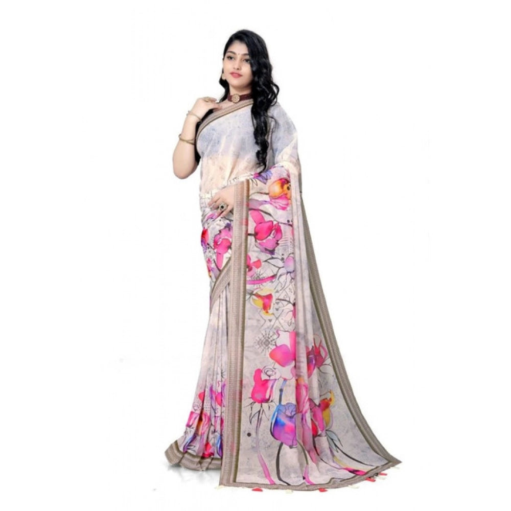 Generic Women's Georgette Floral Printed Saree With Unstitched Blouse 5.5Mtr (Beige)