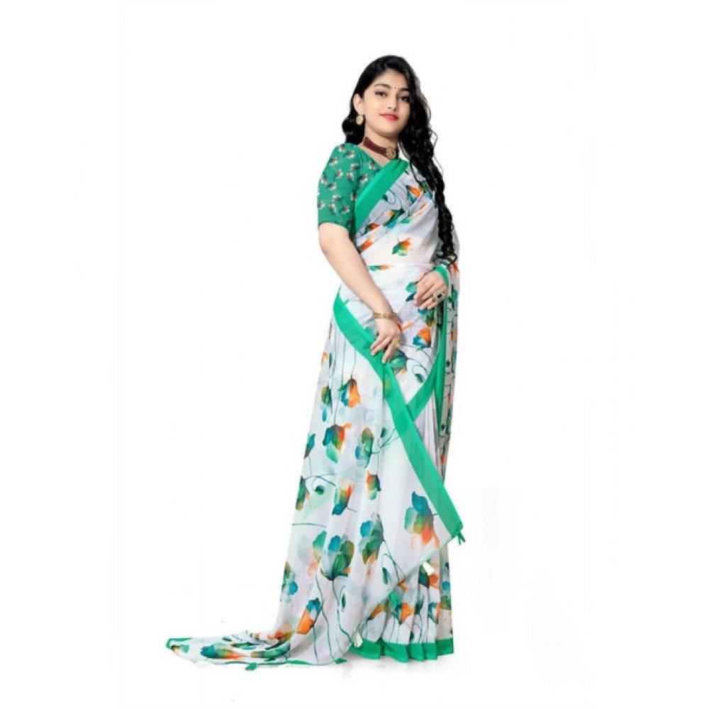 Generic Women's Georgette Floral Printed Saree With Unstitched Blouse 5.5Mtr (Green)
