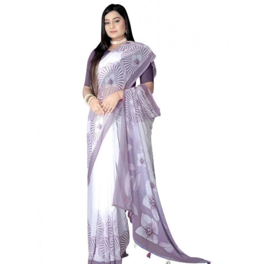 Generic Women's Georgette Floral Printed Saree With Unstitched Blouse 5.5Mtr (Lavender)