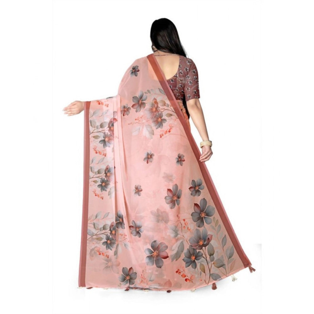 Generic Women's Georgette Floral Printed Saree With Unstitched Blouse 5.5Mtr (Peach)